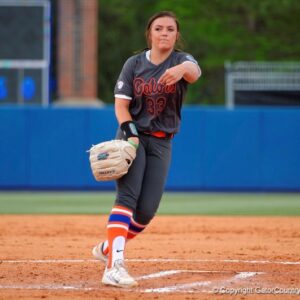 "Florida Gators pitcher Delanie Gourley throws to the plate during the second inning. Florida Gators Softball vs South Carolina Gamecocks. April 4th, 2015. Gator Country photo by David Bowie. "